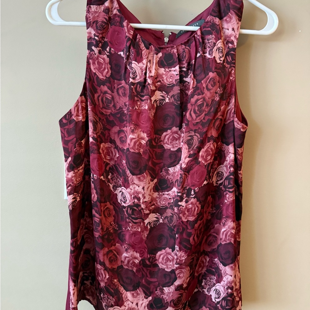 Suzy Shier Rose Print Sleeveless Blouse - Burgundy and Pink